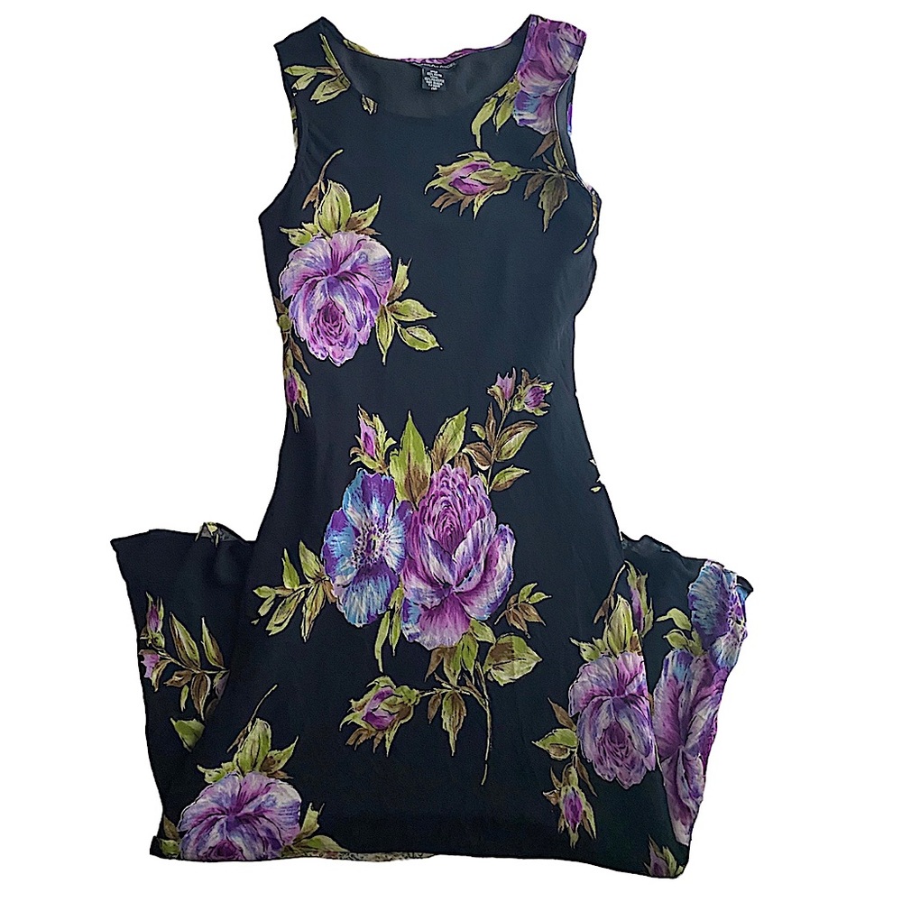 Vintage Black Maxi Dress with Purple Floral Design